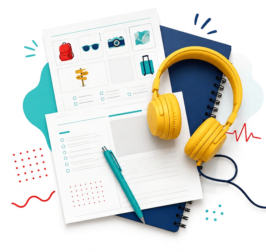Materiały do nauki angielskiego – karty pracy, słuchawki i notatnik Lesson Beats