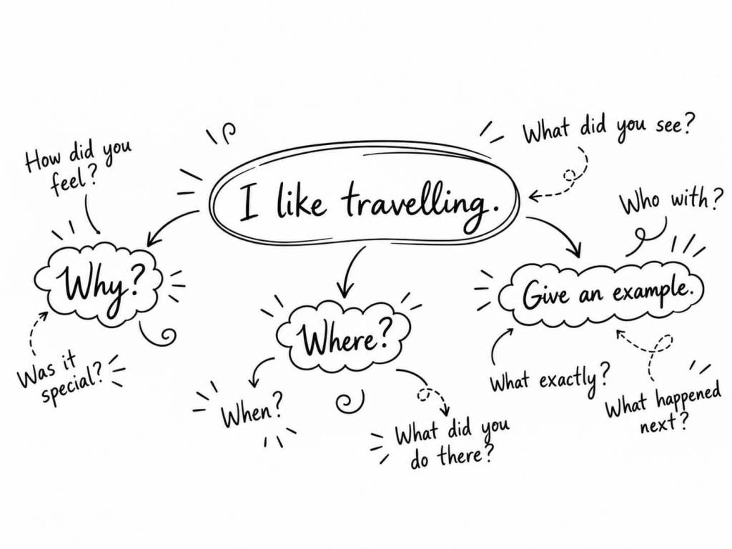 Schemat rozwijania zdania I like travelling za pomocą pytań Why, Where, When i Give an example