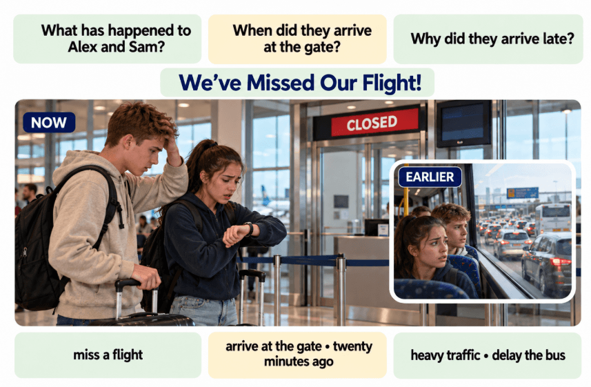 Present Perfect vs Past Simple speaking prompt showing two students who have missed their flight and questions about what happened earlier.