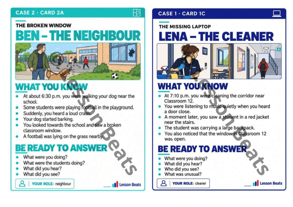 Story Crime Cards – Past Simple i Past Continuous. Zagadki kryminalne do ćwiczenia speakingu na poziomie A2+/B1, 24 karty ról i 6 historii.